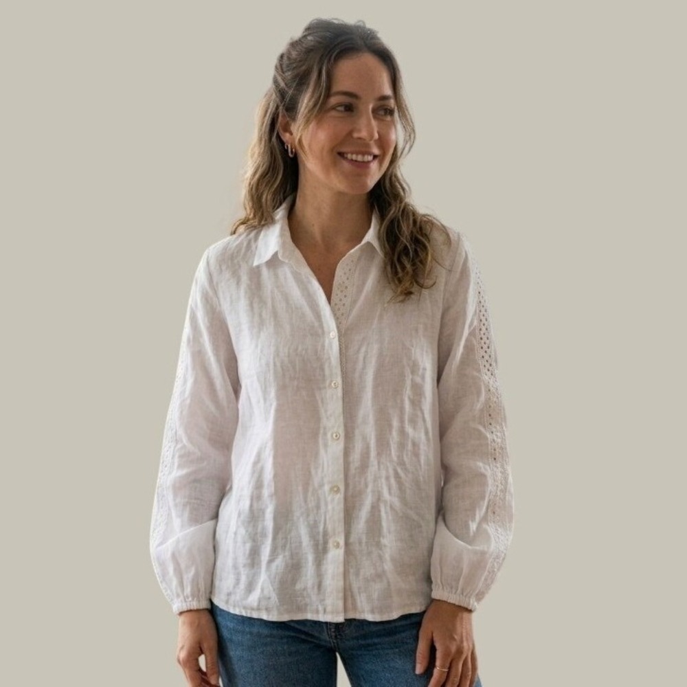 Cynthia Rowley Womens Large White 100% Linen Eyelet Lace Button Down Shirt Top